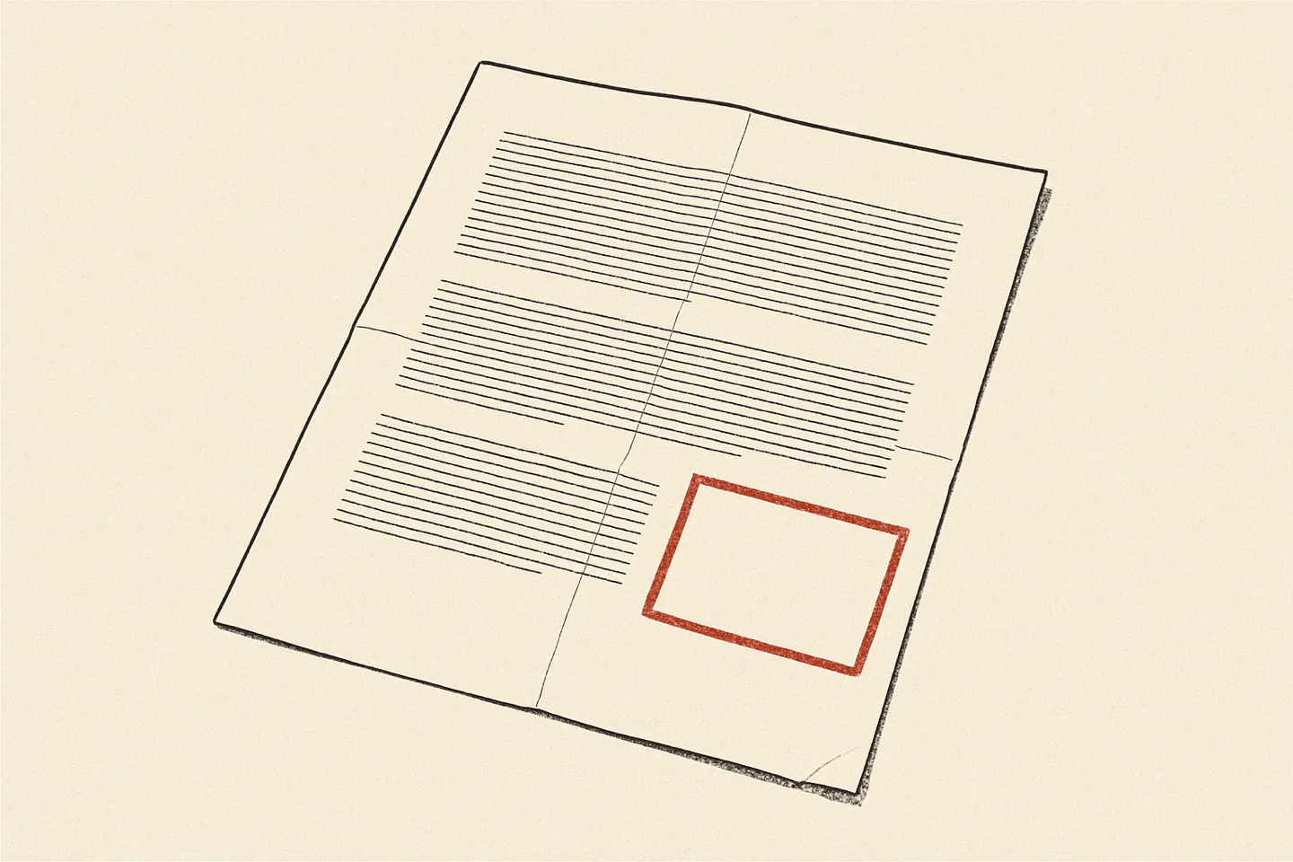 Duotone letterpress plate on warm off-white paper: a single thin
                sheet, folded once down and once across, lying flat and seen
                straight on. Its printing is drawn only as blocks of fine grey
                horizontal rules, with no letters or numerals anywhere. One empty
                oxide-red stamp outline, its edge broken and ink-starved, sits
                across the lower right of the sheet. Nothing inside it, and
                nothing written on the sheet.